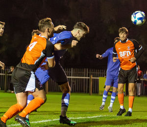 Billy West heads in Whitchurch Alport's second goal during the 3-2 defeat at Abbey Hulton United. Pic: Liam Pritchard Photography