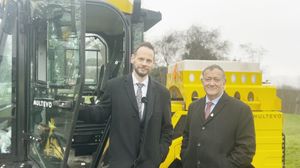 Simon Lightwood MP (Minister for Roads at the Department for Transport), and Councillor Keith Allcock (Sandwell Council's Cabinet Member for Environment and Highways) with the Multihog in Oldbury on National Pothole Day.