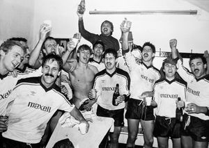 Telford United players celebrate after victory in the FA Cup fourth round against Darlington. This picture was taken on February 4, 1985. The caption read: 'Raising a glass - and the roof. Telford United's victorious Cup fighters obviously in good voice as they celebrate the historic win over Darlington.' The 3-0 win set up a historic Fifth Round FA Cup tie against Everton. 