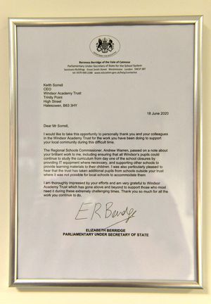 The letter sent to them from Elizabeth Berridge acknowledging their work during lockdown