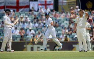 Australia's Shane Watson (right) reacts as England's Matt Prior (centre) runs between the wickets