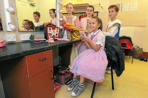 Dancers Lauren Jones age 10, Holly Graham, ten, Oliver Deeming, nine and Abbie Tobin in their dressing room
