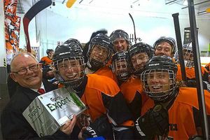 Telford Tigers' NIHL side celebrate after clinching promotion.