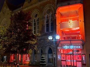 Supporting image for story: Stafford Gatehouse Theatre lit up in red to highlight the plight of businesses in events industry