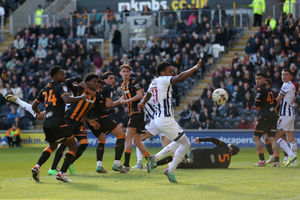 Grady Diangana is inches away from turning home Darnell Furlong's header (Photo by Adam Fradgley/West Bromwich Albion FC via Getty Images).