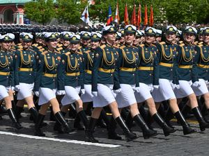 Russian servicewomen march during the Victory Day military parade