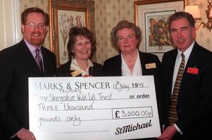 Marks and Spencer's Telford branch manager Adrian Lowe, left, presented a cheque for £3,000 to Shropshire Wildlife Trust at a lunch at the Buckatree Hall Hotel held to launch the new nature reserve with, from left, Lady Cossons (trust president),  Jean Jackson (chairwoman of Shropshire Wildlife Development Trust) and David Tudor (director of Shropshire Wildlife Development Trust).