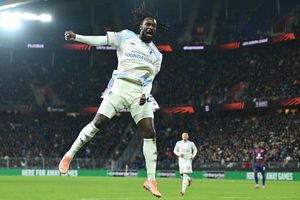 Evann Guessand celebrates after scoring Villa's first goal during their Europa League match at FC Basel