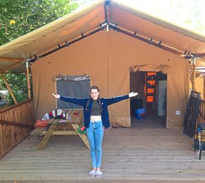 Emily at home in the campsite safari tet