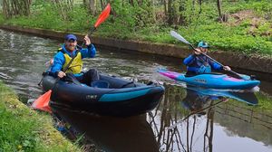 Craig Duff (left) and James Ibbotson (right) paddle the Llangollen Canal