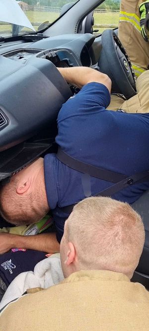 The firefighters get into the dashboard