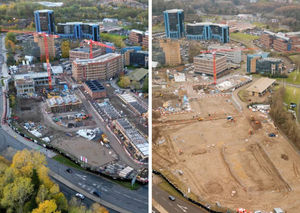 New drone footage (left) has shown how work has progressed at Telford's Station Quarter since January (right)
