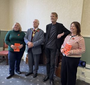 Bookworms: Sandwell Council deputy leader councillor Elaine Giles, Mayor councillor Steve Melia. Lee Childs and leader of the council Kerrie Carmichael