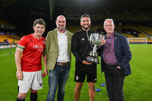 Dudley Town's Alex Perry, Tim Hunt, Dudley Town manager Matty Lovatt and Jon Hunt pictured with the JW Hunt Cup trophy (Picture: Garry Griffiths/ThreeFiveThree Photography)