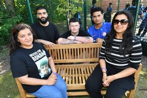 Among those to help build the garden were Ronan's childhood friends, pictured here with Pooja and Nikita Kanda on the memorial bench.