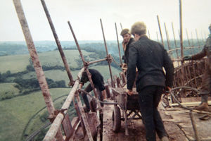 On the edge... Not a hard hat in sight, although it wouldn't have helped Mike Boden or Bowden, left, if he lost his balance.
