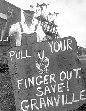 Harry O’Brien with one of the anti-closure posters at Granville Colliery
