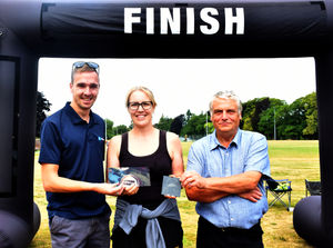 Winner in the 400m swim and 5k run Female 40-49 - Lisa Boucher with Scott Humphreys - Manager, Jewson Builth - one of our corporate sponsors and Builth Wells Deputy Mayor Councillor Alan Waller. Image by Ted Edwards Photography