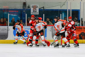 A goalmouth scramble from Telford Tigers' victory over the Swindon Wildcats (Picture: Edward Bowen/ebphotography)
