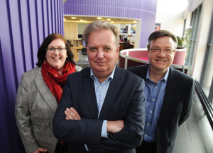 Peter Wilding with the director of the University of Wolverhampton Business School professor Clare Schofield (left), and Senior Lecturer in Economics and Finance Dr Ian Jackson (right).