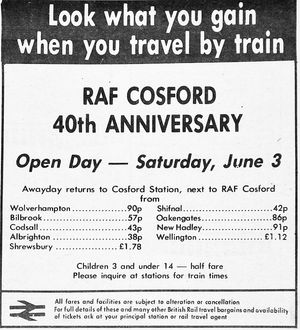 Advert in the Shropshire Star of Friday, June 2, 1978, referring to train travel to the RAF Cosford 40th anniversary celebrations the following day, Saturday, June 3, 1978