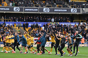 Wolves players and staff celebrate on the pitch after the English Premier League football match between Wolverhampton Wanderers and Tottenham Hotspur at the Molineux stadium(