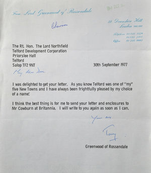 This letter found in a Shropshire attic confirms Tony Greenwood as the minister who came up with the Telford name.