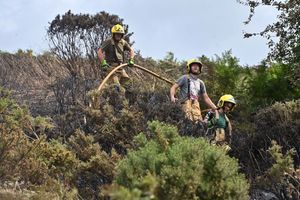 Damping down of a fire on grassland near Minsterley
