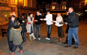 Salopians dancing to the Auld Lang Syne in The Square, Shrewsbury on NYE 2008