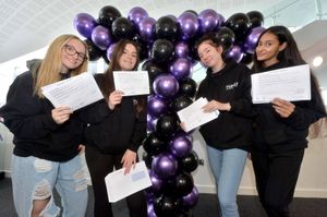 Walsall College students celebrating, from left: Jamie-Leigh Thompson, 19, Lydia Handley, 18, Kayla Warke, 18, Simran Kaur, 18