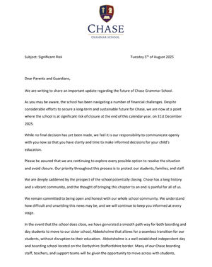 The letter to parents announced the devastating potential closure of the historic school