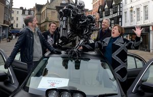 With The Terminator are Charlie Adlard, Luke Kite, Clive Knowles from the Ironwork Centre and Jane Mackenzie