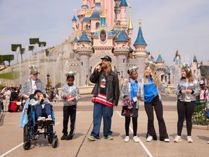 Sam Ryder at the launch of the Disney Music Festival at Disneyland Paris with Eve Wilson, Molly Townsend-Blazier, Jax Morris, Habiba Konate Naim and their siblings