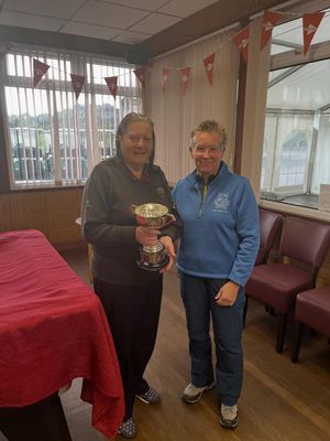 Sue Ord with the Dilys Jones Handicap Knockout at Llanymynech, presented by ladies captain Ceri Broughall