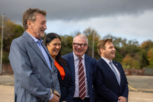 From left: Peaky Blinders creator Steven Knight, Lisa Nandy - Secretary of State for Culture, Media and Sport, Richard Parker - Mayor of the West Midlands and Cllr John Cotton - leader of Birmingham City Council - at the Digbeth Loc. Studios
