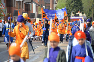 The Vaisakhi parade taking place in Wolverhampton, starting from the Guru Nanak Sikh Gurdwara
