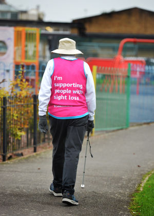 Completing a marathon over seven days, raising money for RNIB, severely visually impaired David Smith, at Market Drayton Town Park