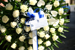 Flowers gifted from Porto FC ahead of the wake of Diogo Jota being held at Sao Cosme Chapel in the town of Gondomar near Porto