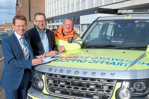 Mayor Andy Street, Jim O’Sullivan and traffic officer Paul Mynett prepare for the new traffic initiative