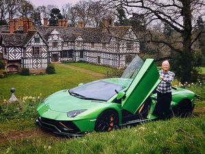 Current owner of Picthford Hall, James Nason, standing next to film producer David Lean's 400gt, in the exact spot where Mr Grant was photographed in the very first ca, in 1964
