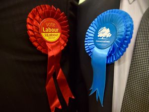 Labour and Conservative rosettes