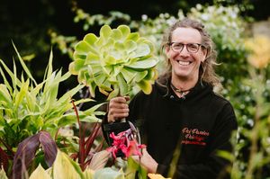 Nic Ffoulkes Jones from Hall Farm Nursery near Oswestry holding an Aeonium