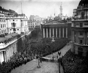Huge crowds at the Royal Exchange in the City of London to hear the reading of the Proclamation of Accession of Queen Elizabeth II in February 1952