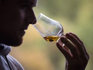 A man sniffs whisky in a glass