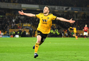 Diogo Jota of Wolverhampton Wanderers celebrates after scoring his team's second goal during the FA Cup Quarter Final match between Wolverhampton Wanderers and Manchester United (Photo by Michael Regan/Getty Images)