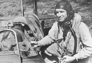 Major Harrison Thyng strikes a typical fighter pilot's pose while undertaking his conversion on to the Spitfire in late June 1942 at RAF Atcham, near Shrewsbury. The Spitfire still has the RAF roundel, rather than an American star. 