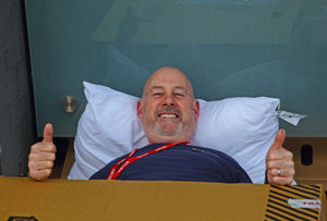 Paul Buckley from The Cannock & Stafford League of Hospital Friends getting ready to sleep out under the stars