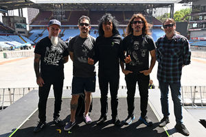 Members of US rock band Anthrax (L-R) Scott Ian, Charlie Benante, Joey Belladonna, Frank Bello, and Jon Donais pose for a picture as preparations continue on the eve of British rock band, Black Sabbath's "Back to the Beginning" concert, Ozzy Osbourne's final ever gig as Black Sabbath's frontman at Villa Park in Birmingham, central England on July 4, 2025. Osbourne, who revealed in 2020 that he has Parkinson's disease, will join Tony Iommi, Geezer Butler and Bill Ward for the all-day "Back To The Beginning" show in Birmingham, central England, where the heavy metal giants formed in 1968. (Photo by ANDY BUCHANAN / AFP) (Photo by ANDY BUCHANAN/AFP via Getty Images)          