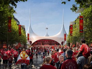 A conceptual image of what the new Manchester United stadium and surrounding area could look like