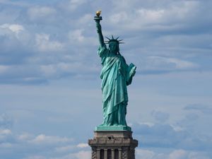 The Statue of Liberty is seen from the Staten Island Ferry in New York